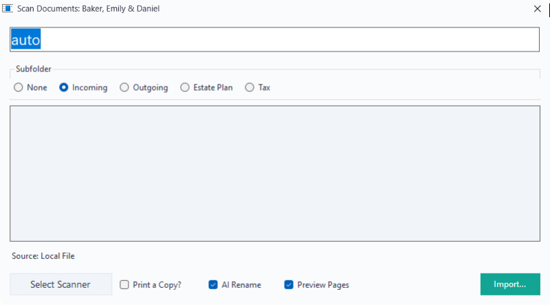 The scan window in Local File mode, with the Import button and "Source: Local File" status