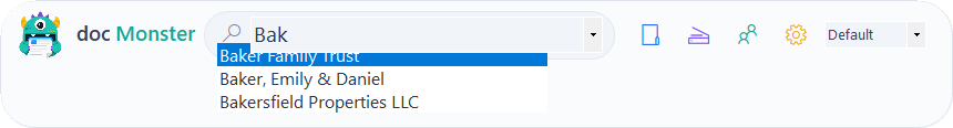 The docMonster launcher with "baker" typed and matching client folders listed