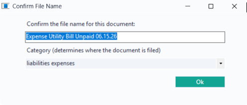 The Confirm File Name dialog with an AI-suggested name and category