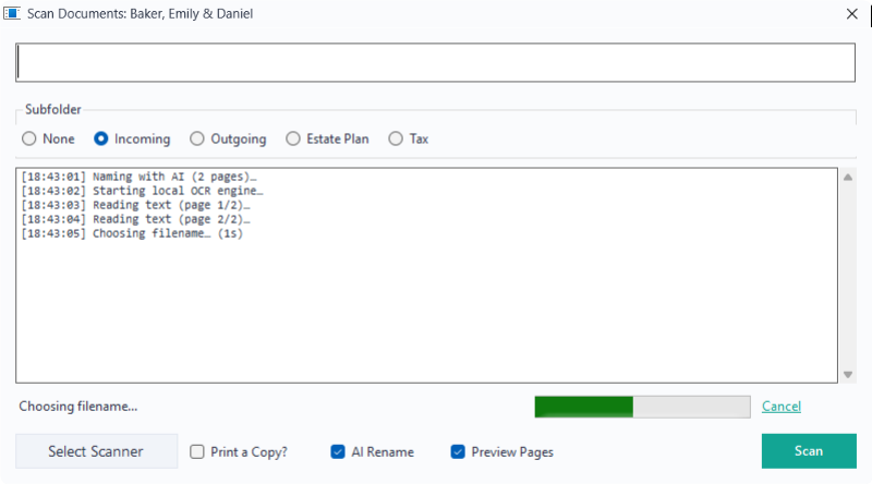 The scan window while AI naming is reading text and choosing a filename