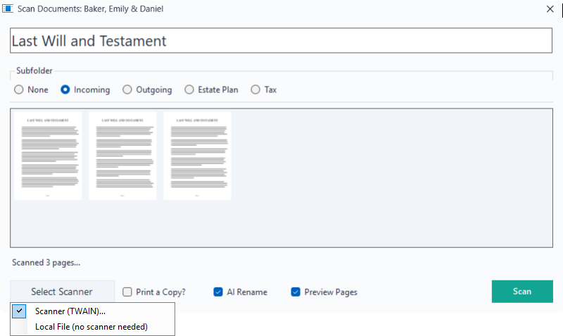 The Select Scanner menu with Scanner (TWAIN) and Local File options