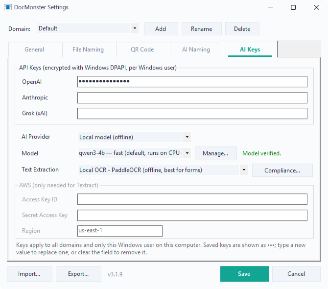 The AI Keys tab with the local model selected