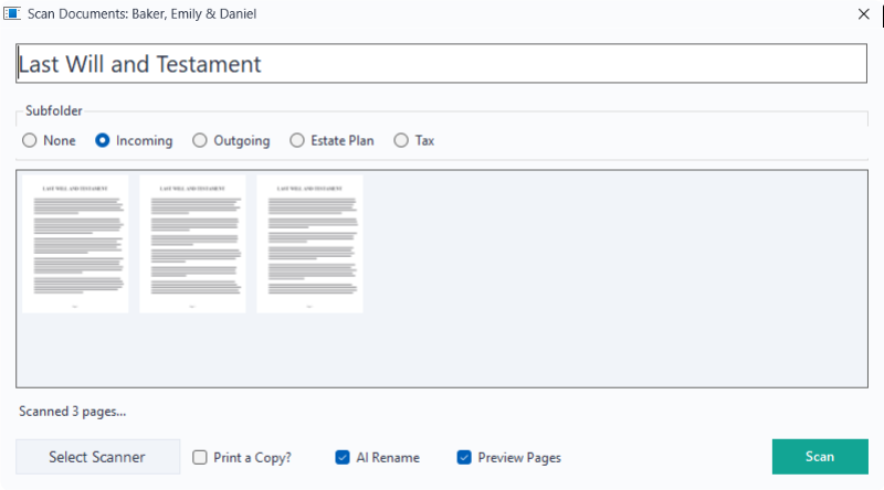 The Scan Documents window with a name entered, the Incoming subfolder selected and scanned pages shown