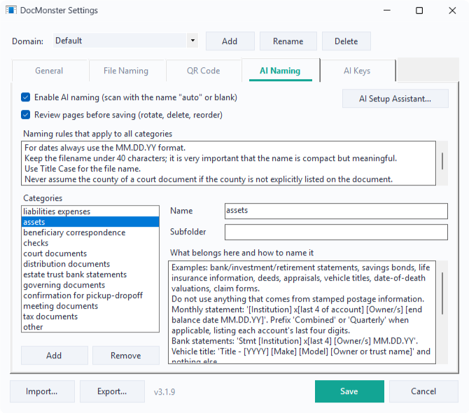 The AI Naming tab with naming rules, the category list and a category's details
