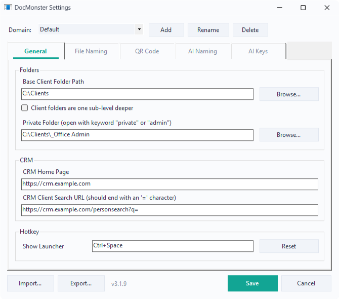 DocMonster Settings, General tab, with the base client folder, private folder and CRM links filled in