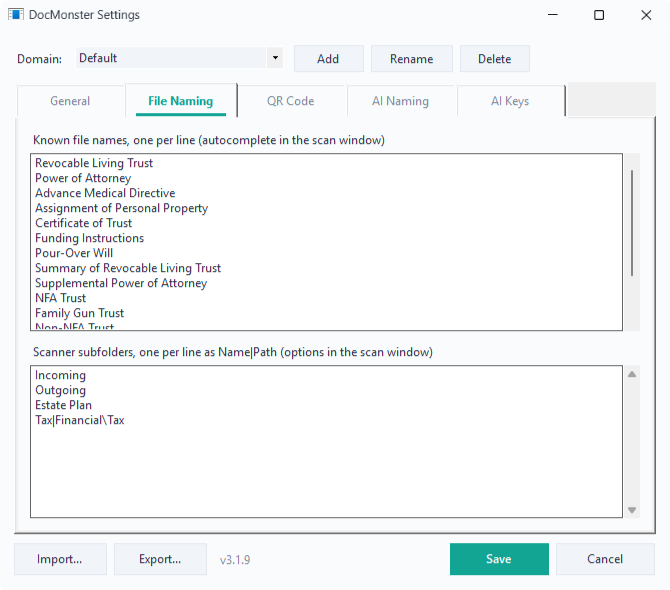 The File Naming tab with known file names and scanner subfolders