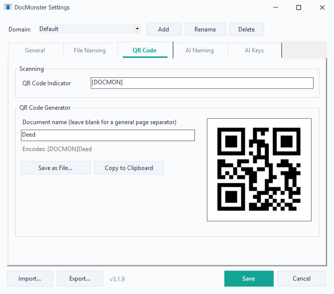 The QR Code tab with the indicator set and a generated code for "Deed"