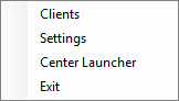 The tray menu: Clients, Settings, Center Launcher, Exit