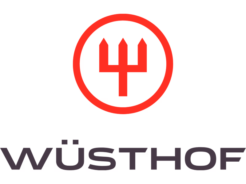 Wüsthof-Logo mit rotem Dreizack über schwarzem Schriftzug.