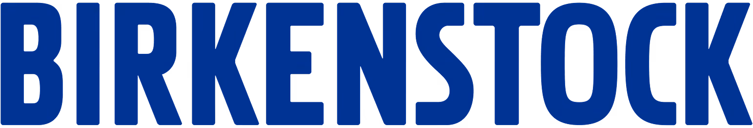 Birkenstock Schriftzug in blauer Farbe.