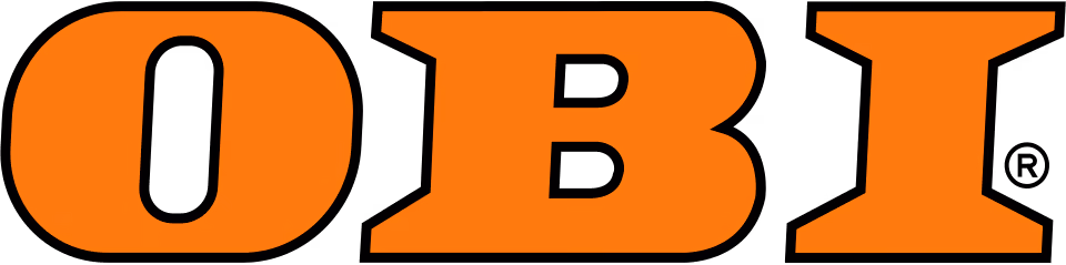 Logo mit dem Text OBI in großen orangen Buchstaben auf schwarzem Hintergrund.