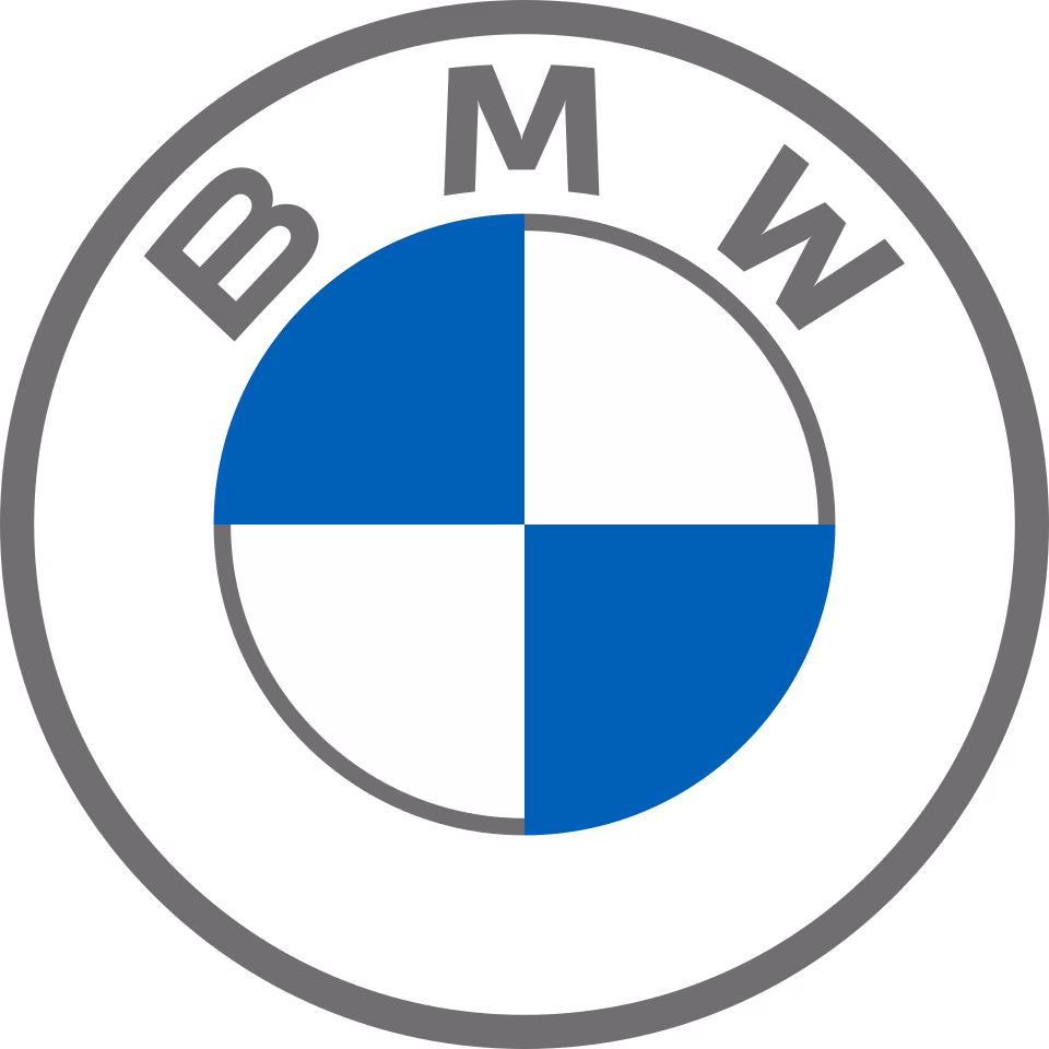 BMW-Logo mit blau-weißen Segmenten im Kreis und grauem Außenring.