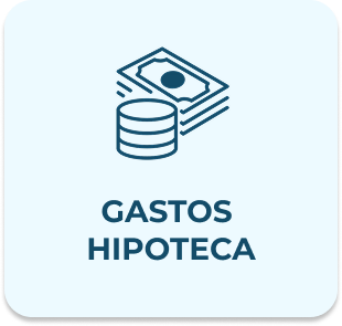 Icono de billetes y monedas apilados y texto Gastos Hipoteca en un recuadro azul claro
