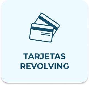 Icono de dos tarjetas de crédito y texto Tarjetas Revolving en un recuadro azul claro
