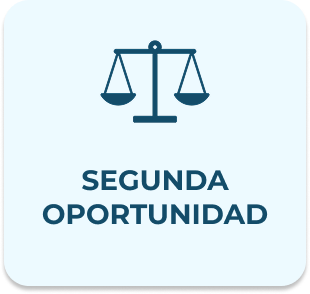 Icono de balanza de justicia y texto Segunda Oportunidad en un recuadro  azul claro
