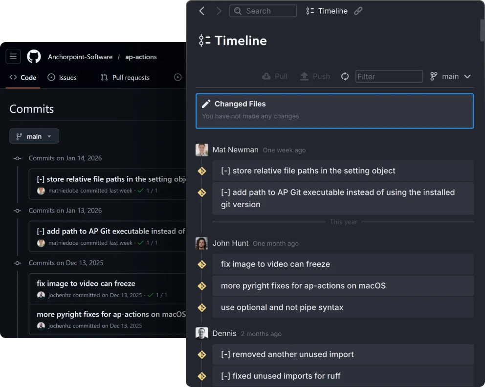 GitHub and Anchorpoint user interface. Both are using Git.