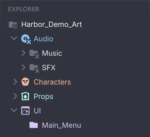 File directory panel showing folders named Harbor_Demo_Art with subfolders Audio (Music and SFX), Characters, Props, and UI containing Main_Menu.