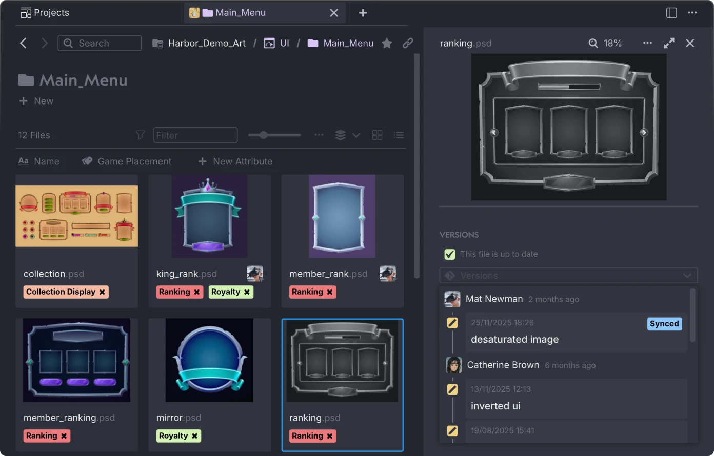 User interface in Anchorpoint for a digital asset manager showing a Main_Menu folder with game UI design files and a preview of a desaturated ranking.psd file with version history.
