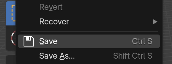 Dropdown menu from File tab in Blender showing options New, Open, Open Recent, Recover, Save, and Save As with keyboard shortcuts.