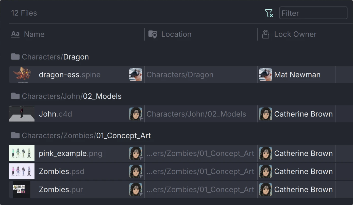 A lock page in Anchorpoint showing 12 files with folders Characters/Dragon, Characters/John/02_Models, and Characters/Zombies/01_Concept_Art, listing files with thumbnails and owner names.