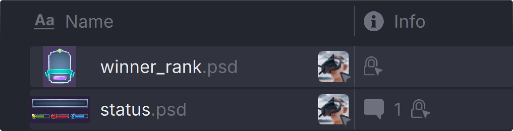 Two PSD files in Anchorpoint named 'winner_rank.psd' and 'status.psd' with thumbnails, user avatars wearing VR headsets, and information icons in a dark-themed list view.