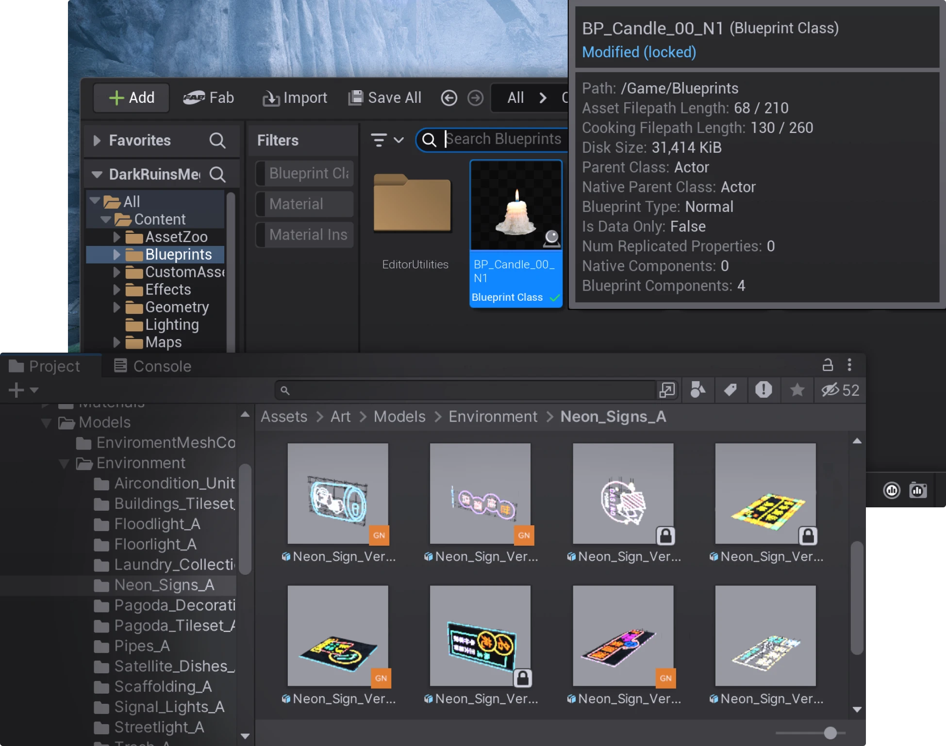 Unreal Engine and Unity interface showing Blueprint Class for a candle and a project folder with various neon sign 3D models with file locks.