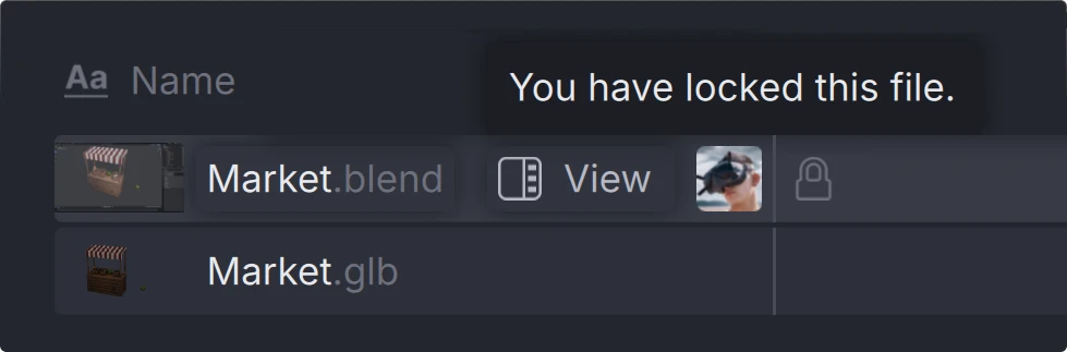 Screenshot of a file browser in Anchorpoint showing 'Market.blend' locked with a tooltip stating 'You have locked this file,' and below it an unlocked 'Market.glb' file.
