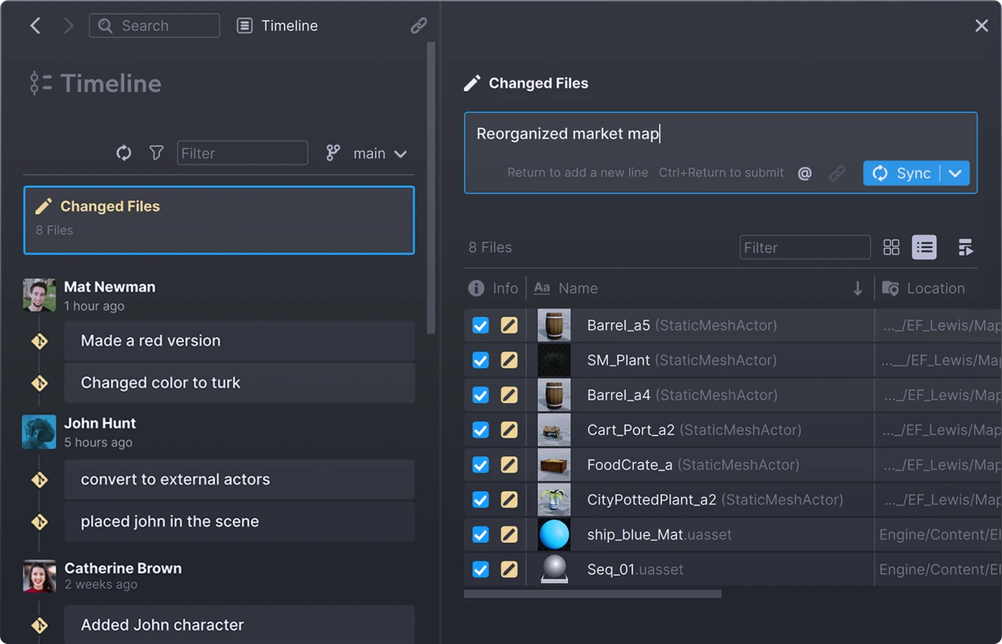 User interface of Anchorpoint showing a timeline with changed files and recent commits by users Mat Newman, John Hunt, and Catherine Brown along with a file list and message input for commit 'Reorganized market map'.