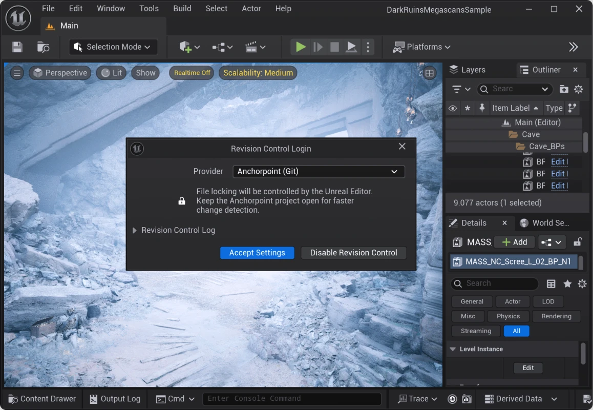 Unreal Engine editor interface displaying a Revision Control Login dialog with Provider set to Anchorpoint (Git) over a snowy rocky cave environment background.