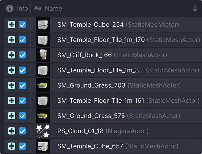 User interface in anchorpoint panel showing a list of static mesh actors and a Niagara actor with checkboxes, icons, and names related to temple cubes, floor tiles, grass, rocks, and a cloud effect.