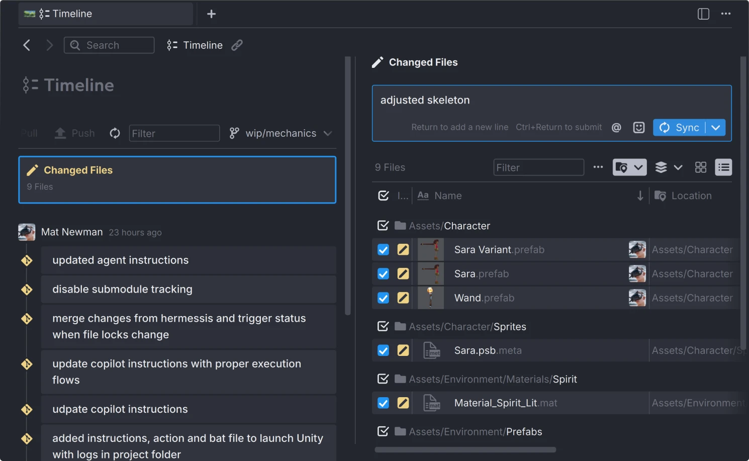 Git interface showing timeline in Anchorpoint with changed files and commit messages related to Unity project assets and scripts.