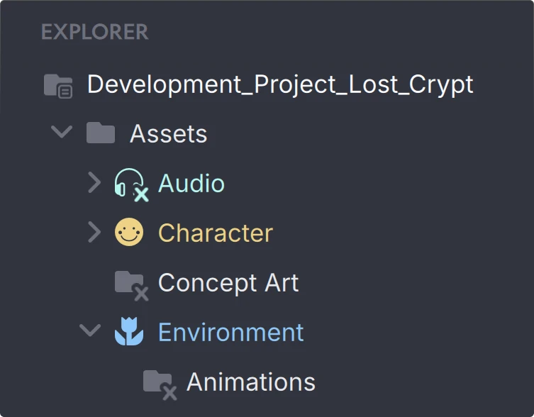 A project explorer panel in Anchorpoint with Git sparse checkout showing folders for Development_Project_Lost_Crypt with subfolders Assets including Audio and Character, Concept Art, and Environment with Animations folder.