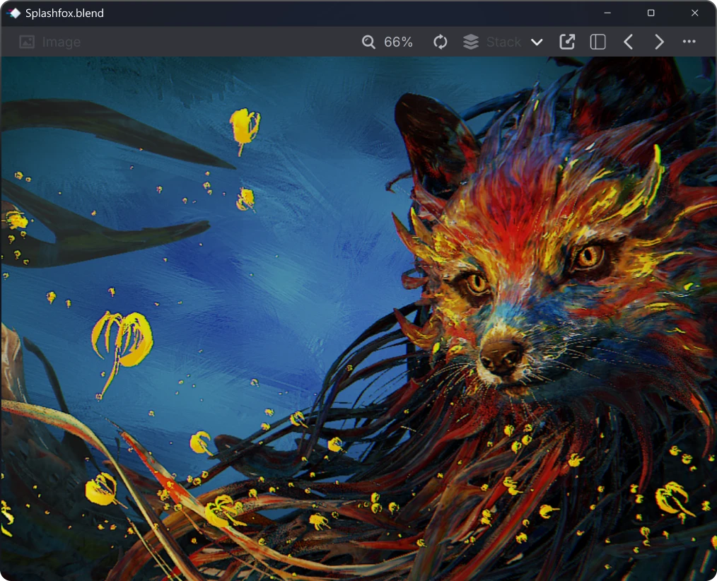 Colorful digital painting of a fox with vibrant red, blue, and yellow fur surrounded by abstract yellow splashes and dark swirling shapes.