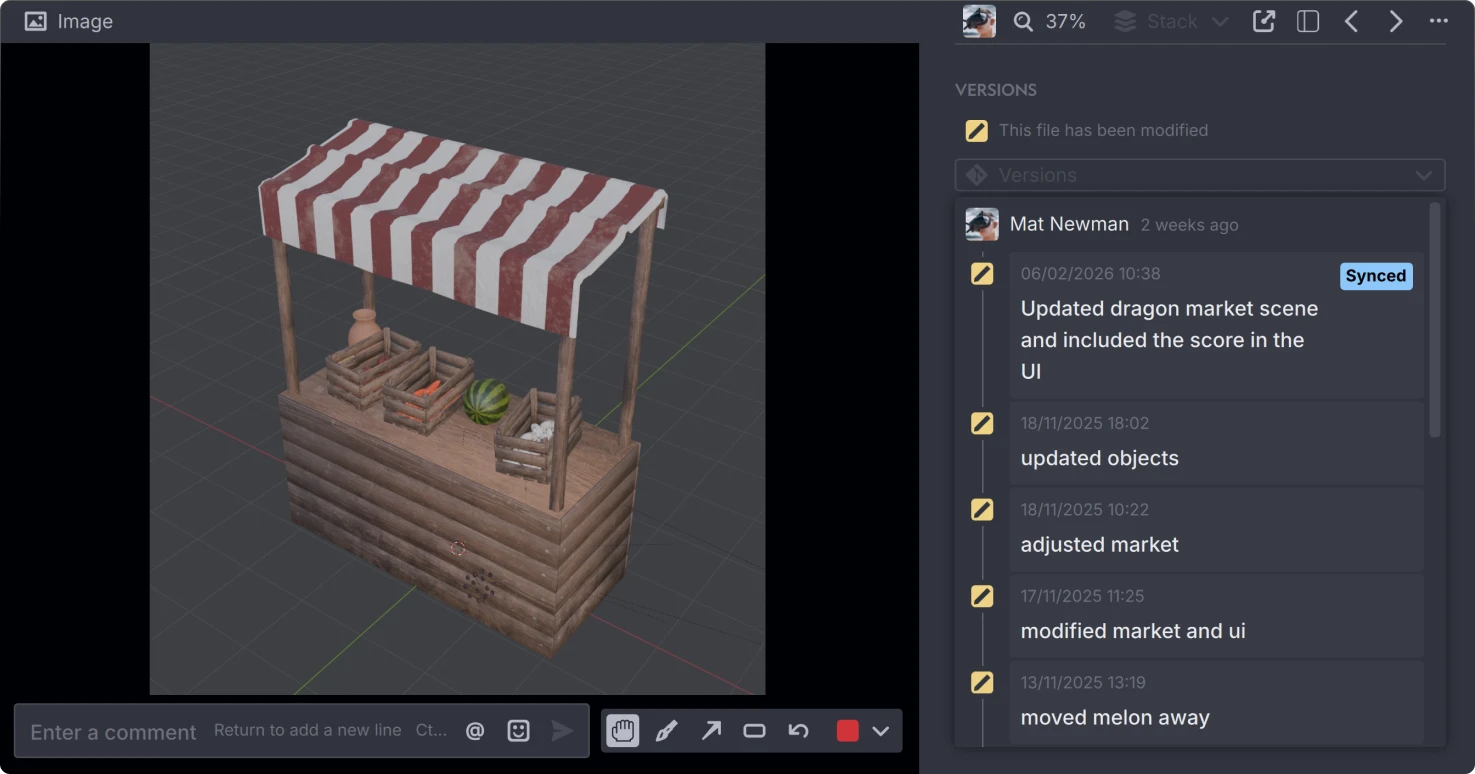 3D Blender wooden market stall in Anchorpoint with red and white striped canopy, containing crates with vegetables like carrots, a watermelon, and garlic.