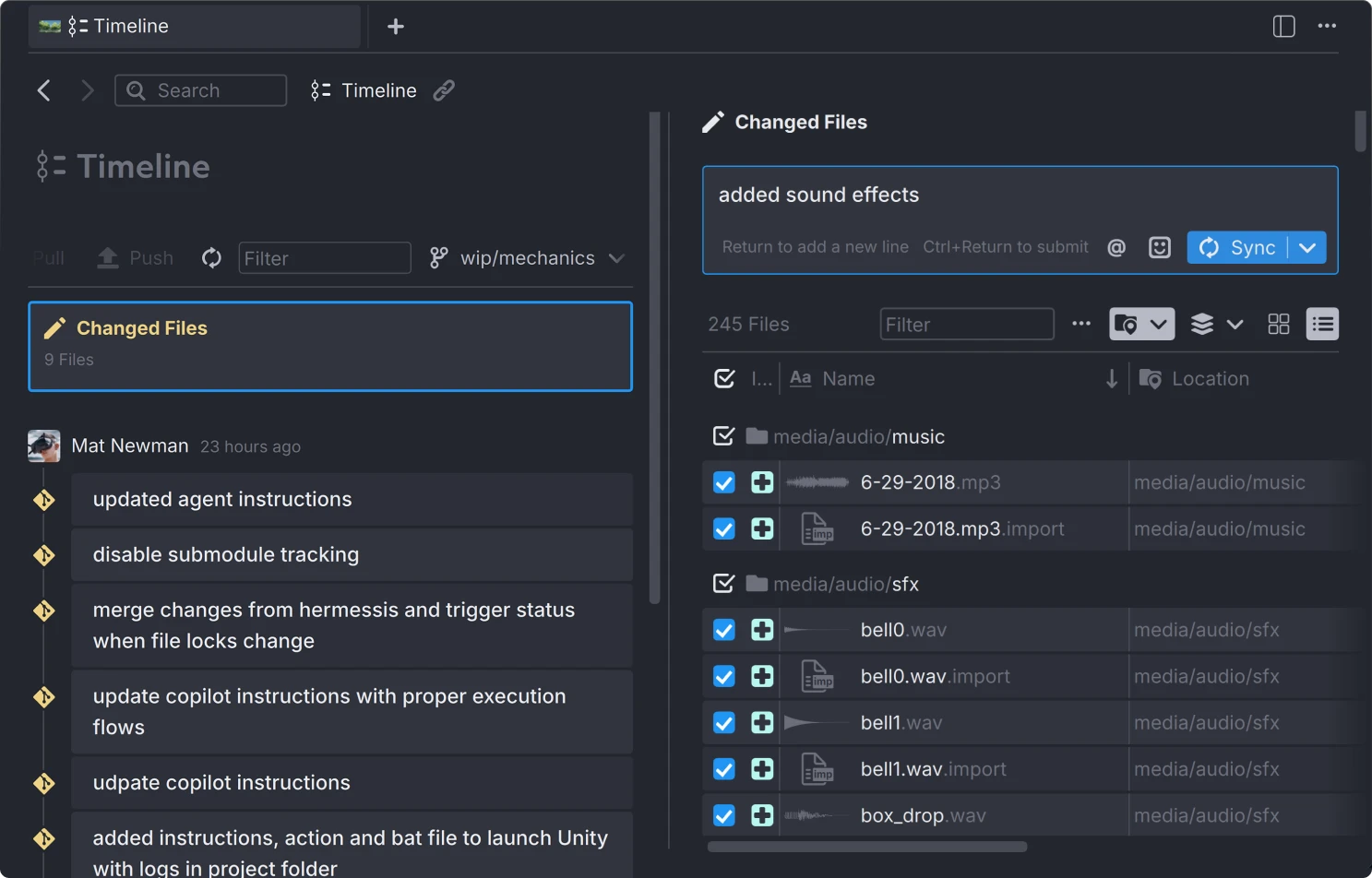 Dark-themed code repository interface in Anchorpoint showing a timeline of changed files from godot with commit messages and audio files for music and sound effects listed.