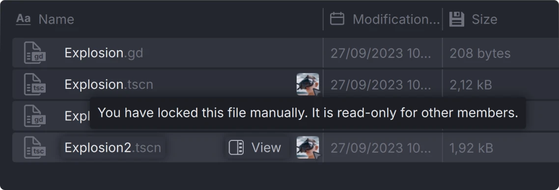 File list showing four files named Explosion.gd, Explosion.tscn, Expl, and Explosion2.tscn with modification dates and sizes, with a tooltip stating the user has locked the file manually making it read-only for others.