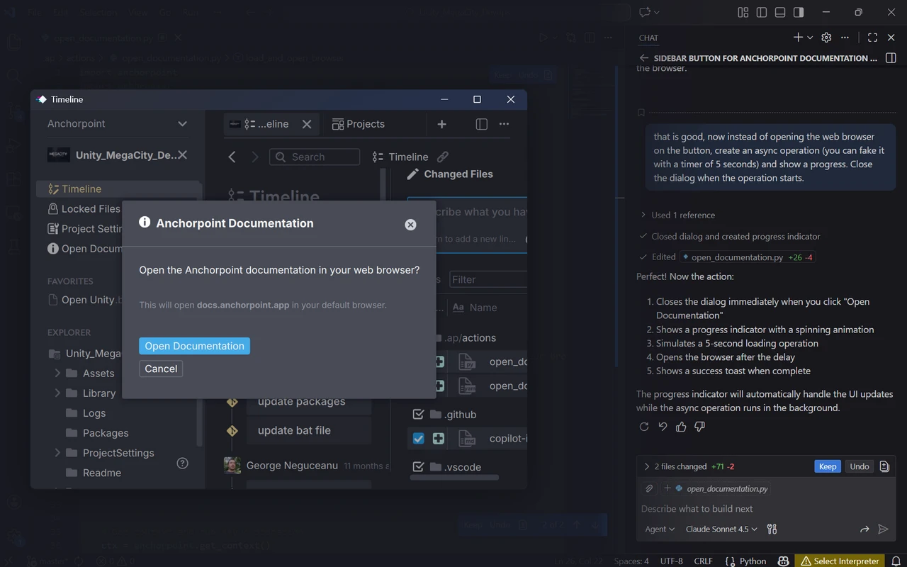 Dark-themed code editor window with a centered pop-up titled 'Anchorpoint Documentation' asking to open documentation in a web browser, showing options to 'Open Documentation' or 'Cancel'.