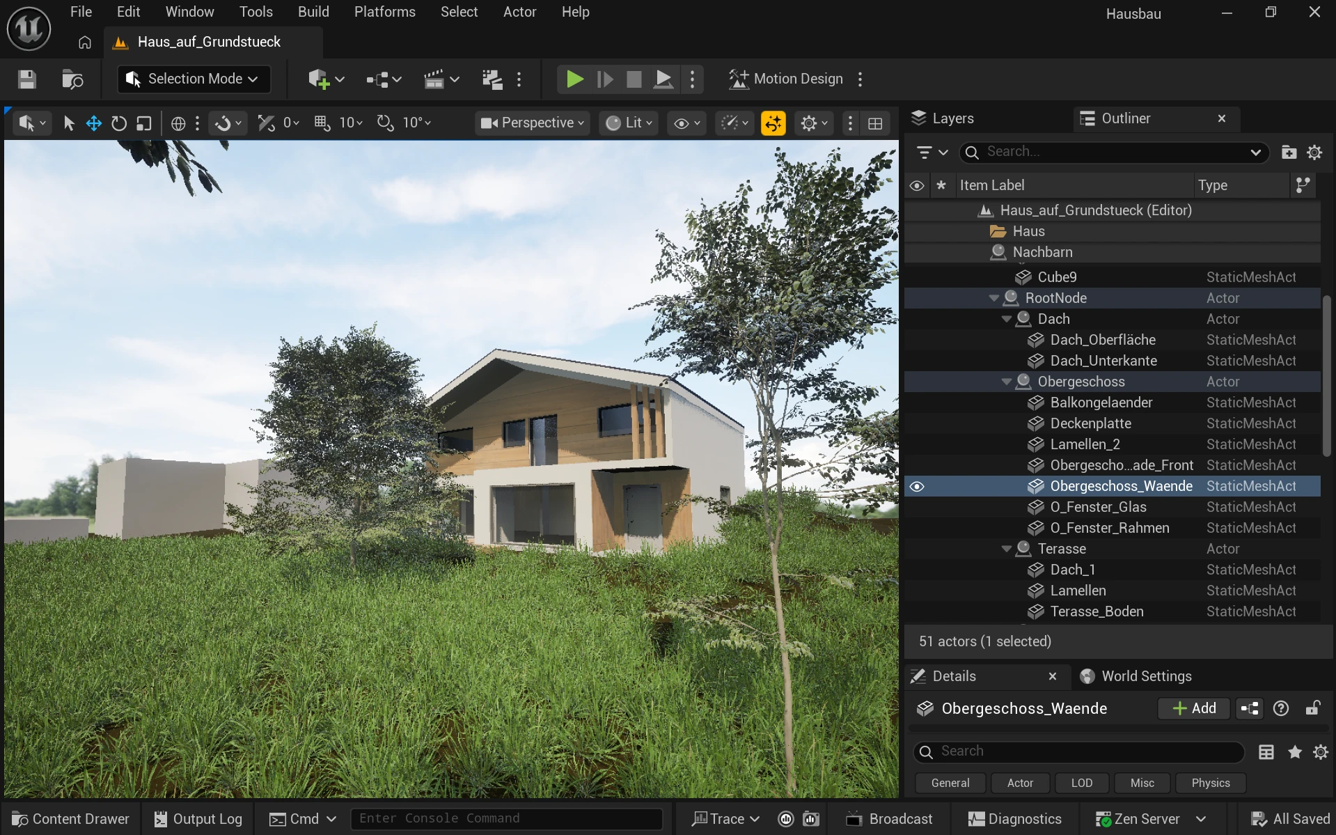 Unreal Engine interface showing a 3D architectural rendering of a modern house with green grass and trees.