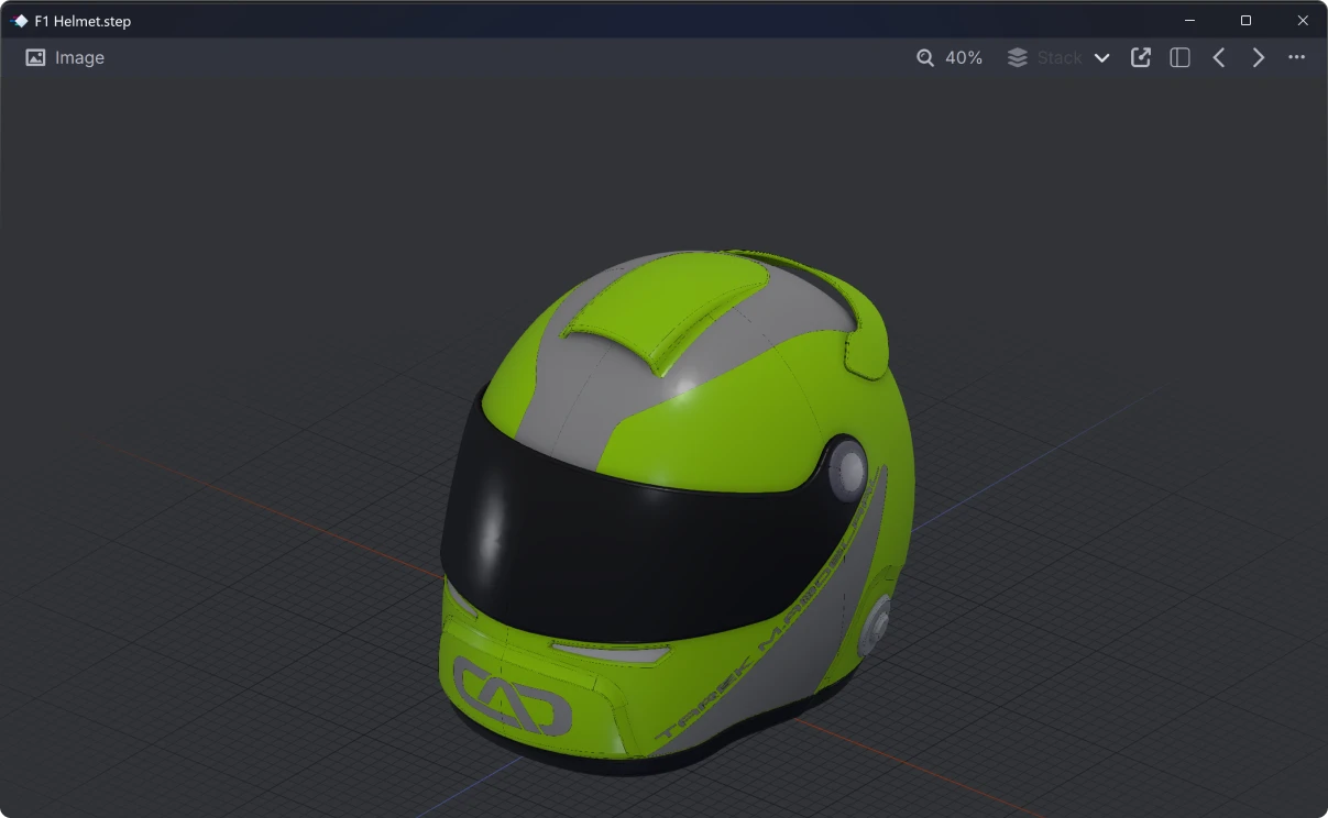 3D model of a green and gray racing helmet with a black visor and CAD design markings in a design software window.
