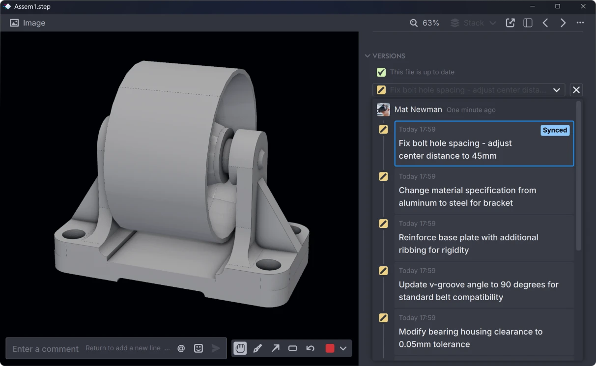 3D CAD model of a roller bearing assembly with a base plate and mounting holes, shown in gray within a CAD software interface displaying recent version edits.