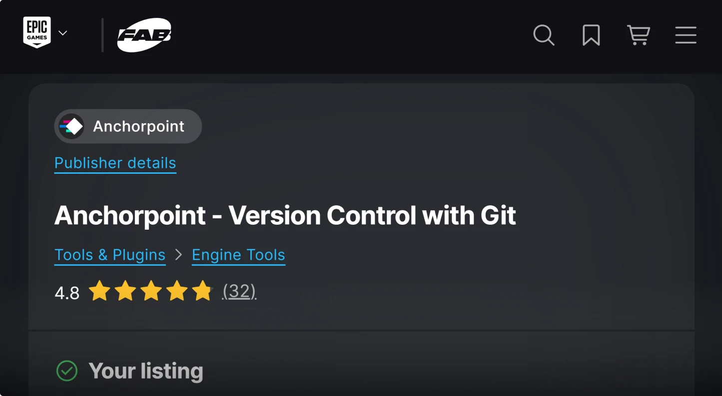 Epic Games store page showing Anchorpoint by FAB, a version control tool with Git, rated 4.8 stars from 32 reviews in the Engine Tools category.