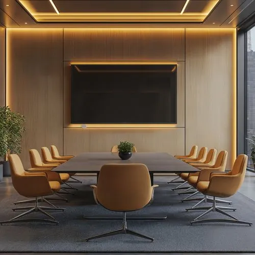 Conference room with a TV equipped with Waffle on the far wall