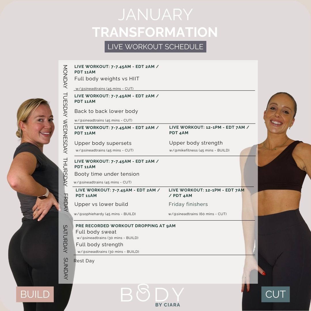 A timetable showing the pre-recorded classes for Body By Ciara