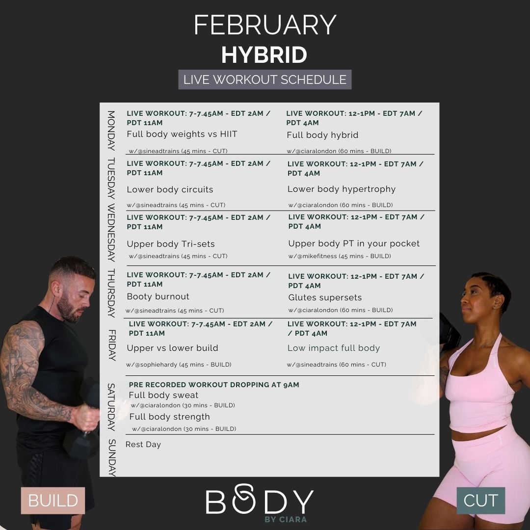 A timetable showing the pre-recorded classes for Body By Ciara