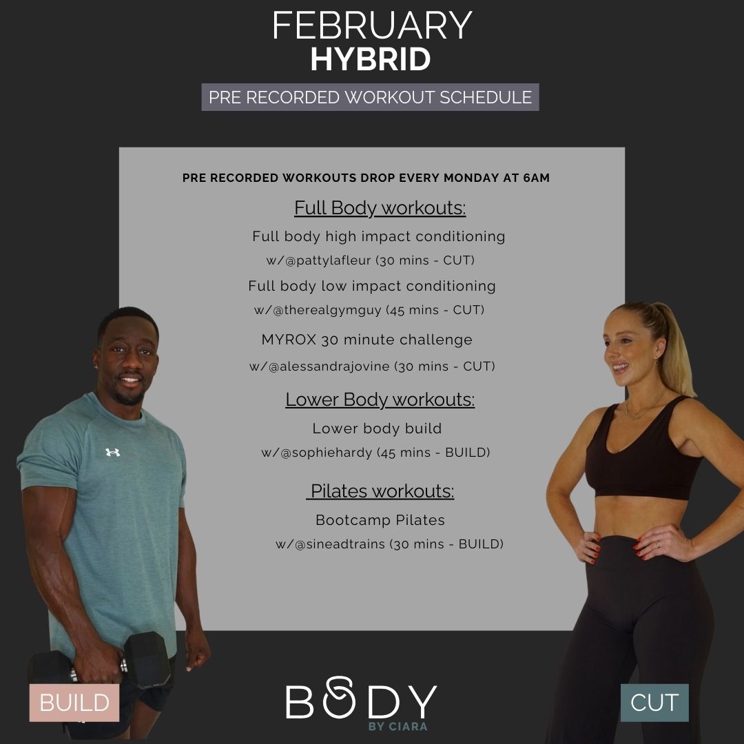 A timetable showing the pre-recorded classes for Body By Ciara