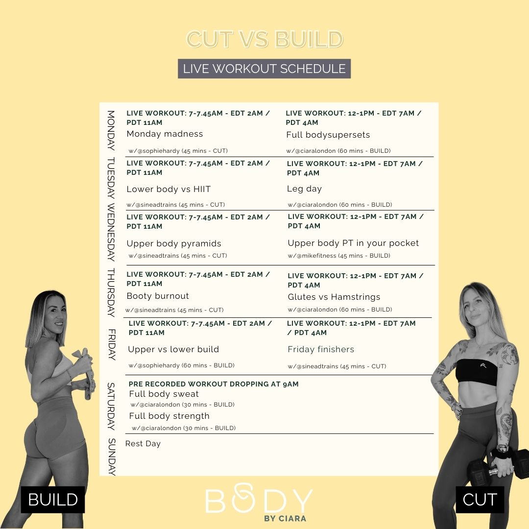 A timetable showing the pre-recorded classes for Body By Ciara