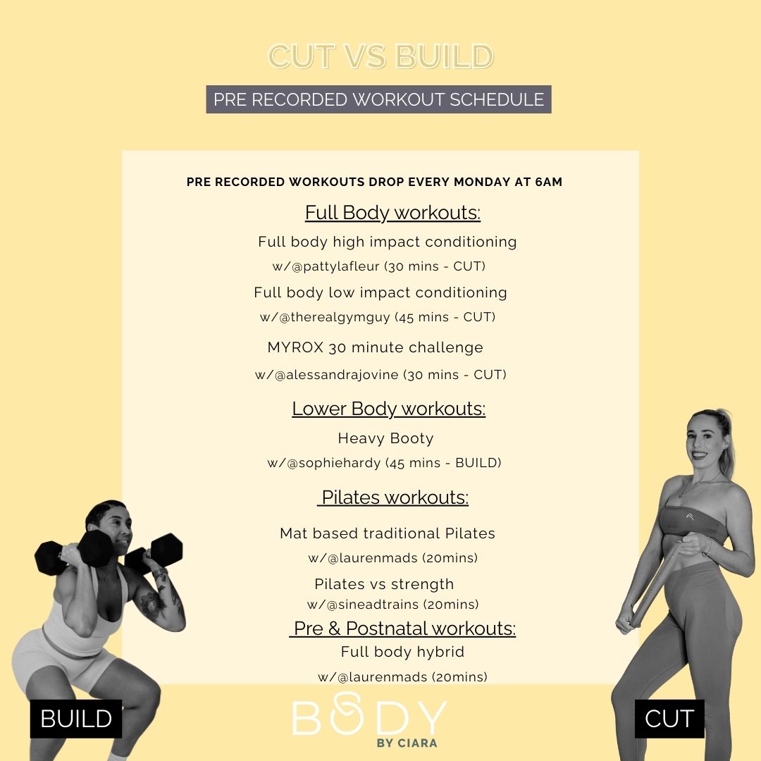 A timetable showing the pre-recorded classes for Body By Ciara