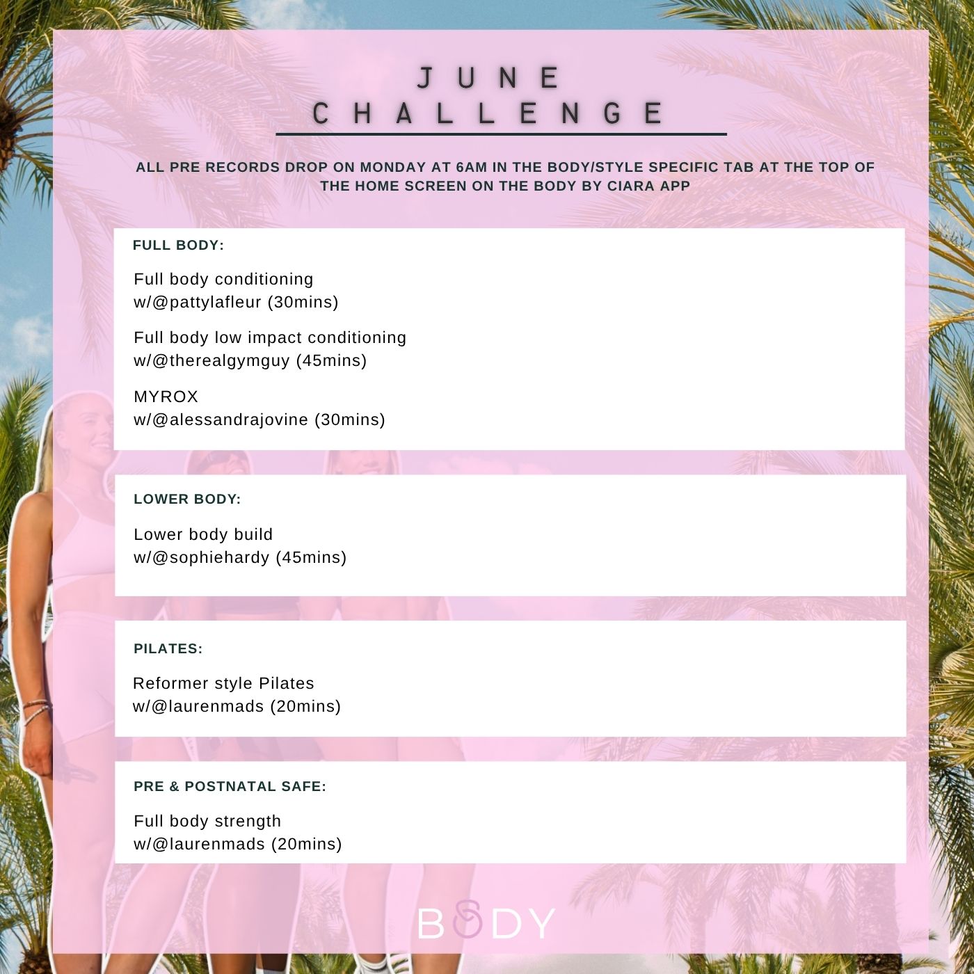 A timetable showing the pre-recorded classes for Body By Ciara