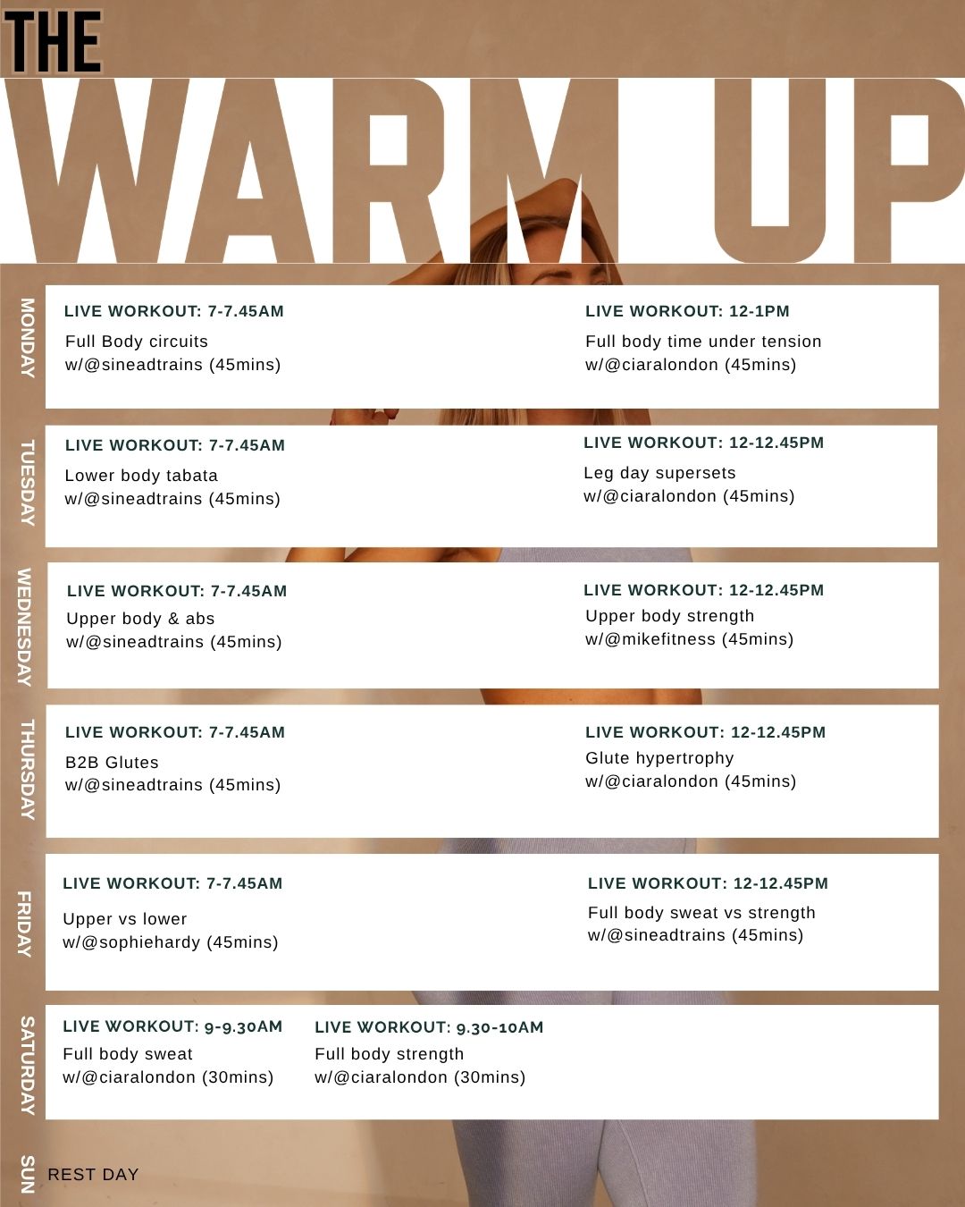 A timetable showing the pre-recorded classes for Body By Ciara