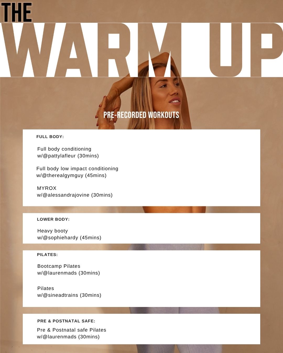 A timetable showing the pre-recorded classes for Body By Ciara